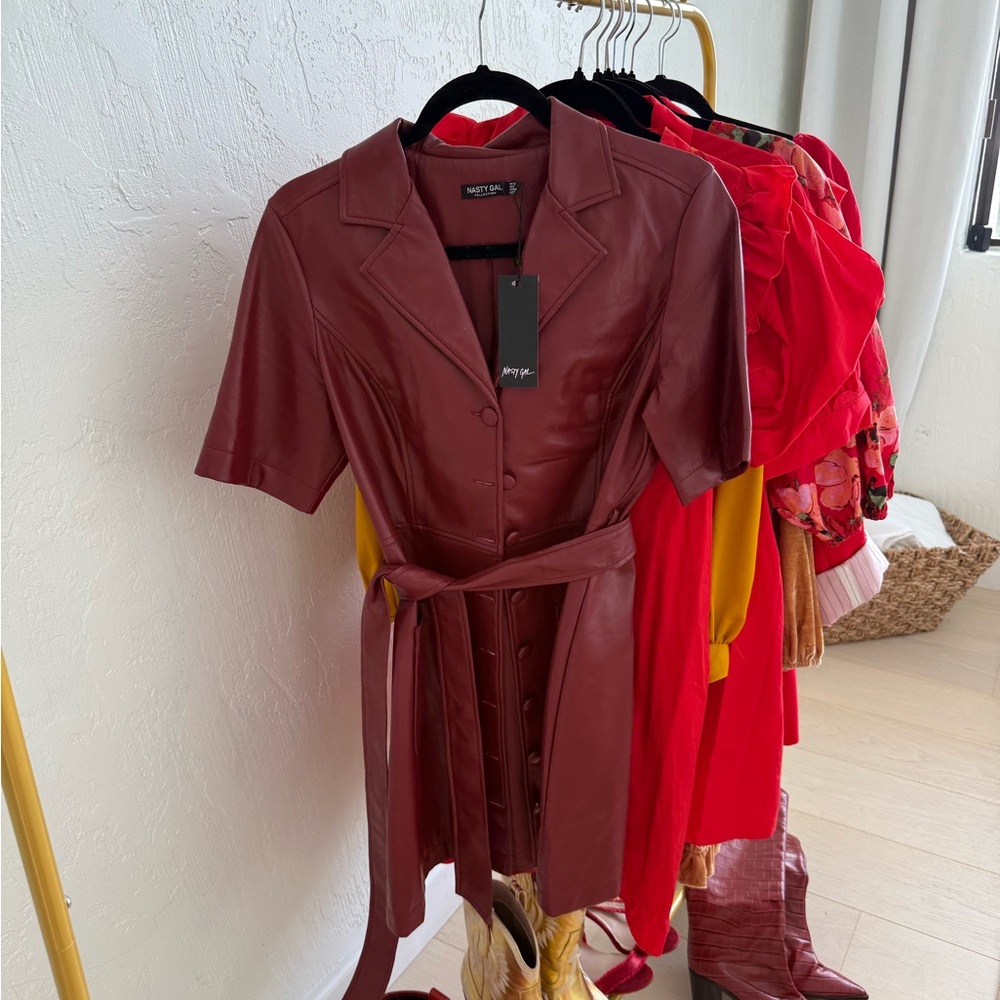 Nasty Gal Deep Red Faux Leather Belted Dress